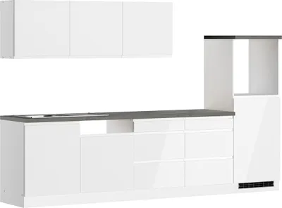 Produktbild von Küchenzeile 300 cm in Hochglanz weiß, Arbeitsplatte Betonoptik MARSEILLE-03