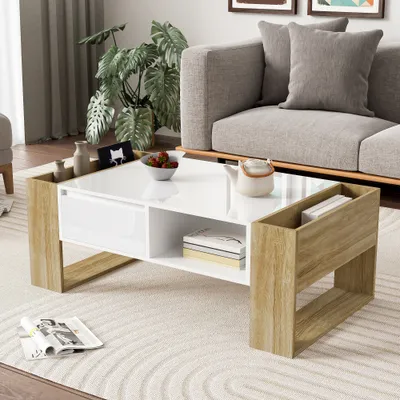 Produktbild von ProximaX Couchtisch: 105x60x40 cm, Holzfarbe - Weiß - Design, glänzende Oberfläche, Schublade & offene Fächer