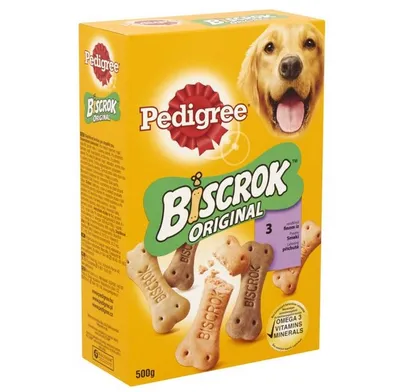 A box of Pedigree Biscrok dog treats.