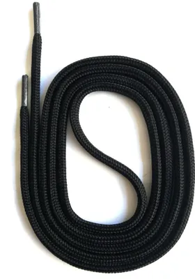 A black shoelace with metal tips is laid out on a white background.