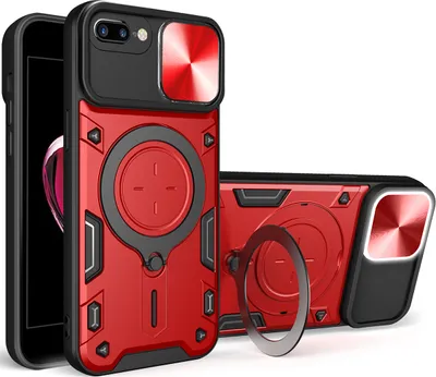 Produktbild von Handyhülle für iPhone 8 Plus / 7 Plus Dual-Layer Stoßfest Rüstung Hülle mit Dia Kameraschutz und Kreisförmig Ring Ständer Rot