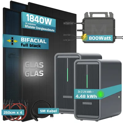 Produktbild von SUNNIVA® 1840W Balkonkraftwerk mit 4.48 kWh Speicher Marstek 2x B2500-D, 4x 460W BIFAZIAL FULLBLACK komplett Steckdose, PV Solaranlage + Solarspeicher