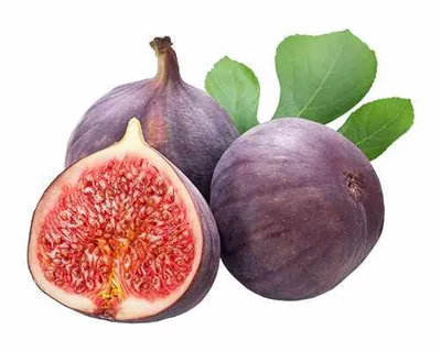Three figs, one of which is cut in half, are shown against a white background with two green leaves.
