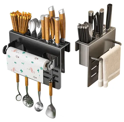 Produktbild von Edelstahl Küchenmesserhalter – ohne Bohren, Wand- & Tisch Organizer mit Besteckhalter, Aufbewahrungskorb & Handtuchhalter，Grey