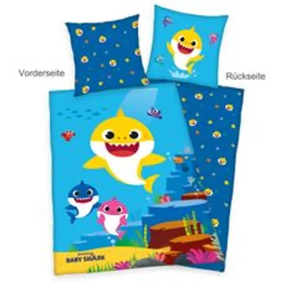 Obrázek produktu pro Oboustranné dětské povlečení Baby Shark v modré barvě, povlak na polštář 80 x 80 cm, přikrývka 135 x 200 cm, 100 % bavlna