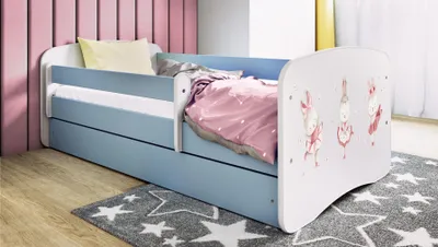 Obrázek produktu pro Dětská postel pro mládež Králík s motýly 70x140, 80x160, 80x180 cm - kompletní sada se zásuvkou a ochranou proti pádu