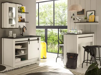 Produktbild von Küche mit Theke "Stove" in weiß Pinie Küchenschrank Set 5-teilig