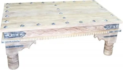 Zdjęcie produktu dla Marokański stolik do salonu, stolik kawowy z litego drewna Hayed 120 cm | Stolik w stylu vintage z litego drewna z metalowymi zdobieniami do Twojego salonu | Orientalny stolik pod kanapę z litego drewna w stylu shabby chic w kolorze białym