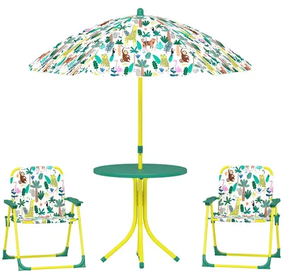 Immagine prodotto di Tavolo per bambini composto da 4 pezzi, con 2 sedie pieghevoli e un ombrellone | Colore: Verde | Dimensioni: 49,5 x 49,5 x 50 cm