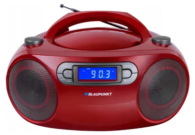 A red Blaupunkt boombox is shown against a white background.