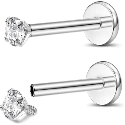 Produktbild von 2er Set Titan Labret Piercing Innengewinde 16G 8mm mit 3mm CZ Zirkonia Silber/Gold