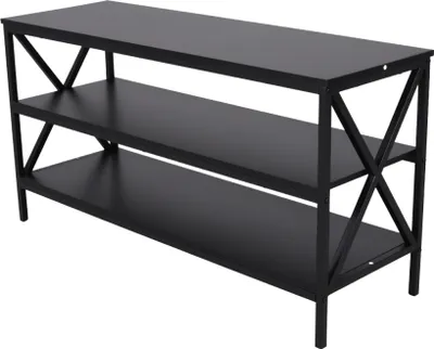 A black three-tier shelving unit with a metal frame.
