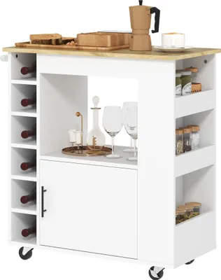 Zdjęcie produktu dla Wózek kuchenny HOMCOM z drewnianym blatem, półkami, stojakami na wino, wózkiem do serwowania, szafką kuchenną na kółkach z zawiasami z cichym domykiem, uchwytem, ​​wyspą kuchenną, 83 x 40 x 83 cm, dąb