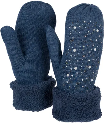 Produktbild von styleBREAKER Damen Strick Fäustlinge Strass Perlen, Jeansblau