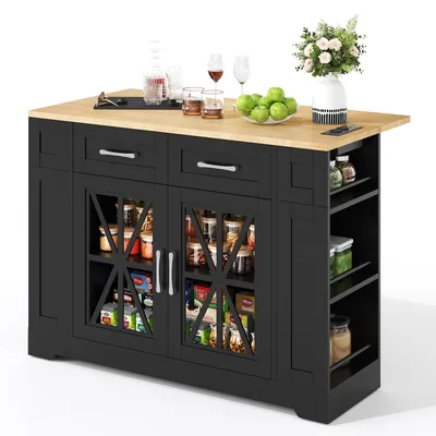 Obrázok produktu pre Prenosný kuchynský ostrov, 120 cm, rozkladací jedálenský stôl, otvorená odkladacia plocha, zásuvky AC a USB, sklenené dvierka, nastaviteľná laminátová doska, kolieska s brzdami.