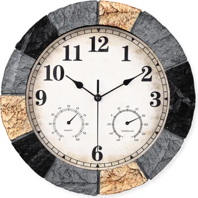 Image de SensaHome Horloge murale YS1002 - Horloge murale d'extérieur étanche en résine imitation pierre - Horloge ronde d'extérieur - Ø33 cm - Gris