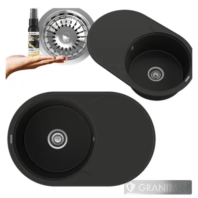 Produktbild von Granitan - Granitspüle - Küchenspüle - Schwarz Metallic - mit Siphon - rund - Spülbecken - SAVIO