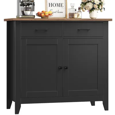 Produktbild von Küchenschrank mit Arbeitsplatte Sideboard 2 Schubladen 2 Türen Schwarz Landhausstil Holz