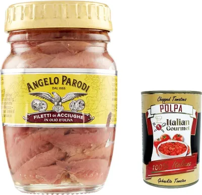 Produktbild von 3x Angelo Parodi Filetti Di Acciughe In Olio D'oliva, Sardellenfilets in Olivenöl 90 g + Italian Gourmet Polpa di Pomodoro 400g