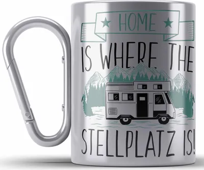 Produktbild von Trendation - Home Is Where The Stellplatz Is Edelstahl Tasse Karabiner Geschenk Wohnmobil Camper Wohnmobilfahrer Geschenkidee Lustig (Silber)