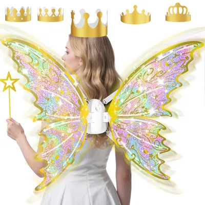 Imagen del producto de Alas doradas de hadas para niñas, con luces LED, ideales para disfraces de princesas, Halloween, o para juegos. Incluyen varita mágica, corona y alas de mariposa. Color: dorado