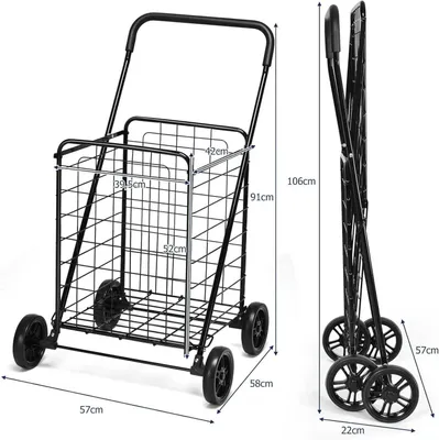 Image de Chariot de courses pliable - Chariot à roulettes - Capacité de charge de 45 kg - Volume de 83 litres - Chariot à main pour le linge et les courses - Noir