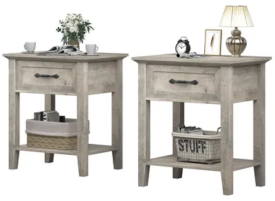 Image de Lot de 2 : Table de chevet avec tiroir et étagère – Table de nuit (gris) de style rustique pour chambre et salon