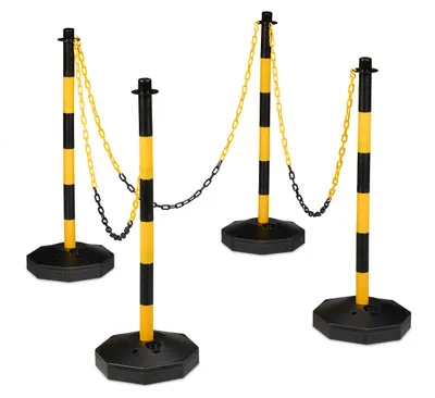 Image de Lot de 4 poteaux de délimitation avec chaîne Relaxdays, poteaux mobiles avec chaîne, H x P : 85 x 29 cm, barrière à chaîne, jaune/noir