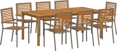 Produktbild von Möbel 9-teilige Garten-Essgruppe Grau Poly Rattan Akazie, Stapelbare Gartenstühle mit Kissen 2 Stück Grau Poly Rattan - Gartenstühle 3365527