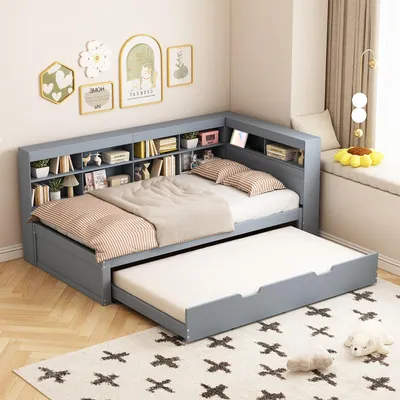 Immagine prodotto di Letto a giorno MODFU 90 x 200 con letto estraibile 90 x 190, divano letto con porta USB, struttura letto per ragazzi con spazio contenitore, grigio (include un materasso 90x200 cm)