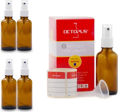 Obrázek produktu pro 5 hnědých skleněných lahviček 50 ml, G18, rozprašovač PP, mini trychtýř