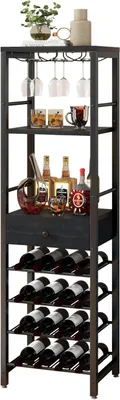 Imagen del producto de Estantería independiente para vinos, de 4 niveles, con capacidad para 16 botellas, con soporte para copas y cajón, ideal para la cocina