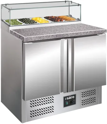 Produktbild von SARO Pizzatisch mit Glasaufsatz, Modell PS 200 G Pizzatisch, Arbeitstisch, Zubereitungstisch, Glasaufsatz, GN-Einlass, 2-türig, Pizzeria, Imbiss, Restaurant, Kühlen, Belegen Vorbereiten