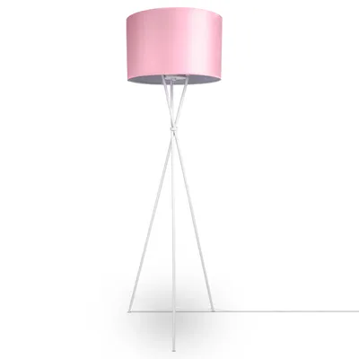 A pink floor lamp with a tripod base on a white background.