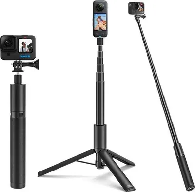 Image de Perche à selfie extensible avec trépied et monopode, couleur noire, 120 cm, compatible avec GoPro, Insta360 et DJI Osmo Action