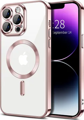 Obrázek produktu pro Magnetické čiré pouzdro pro iPhone 14 Pro Max, kompatibilní s MagSafe, galvanicky pokovené ochranné pouzdro s ochranou fotoaparátu Růžový