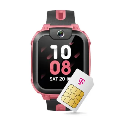 A pink smartwatch is shown with a SIM card in front of it.