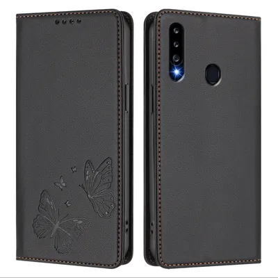 Obrázek produktu pro Kožené pouzdro pro Samsung Galaxy A20S, motýlí ražbou, peněženkové flip pouzdro se stojánkem Černá