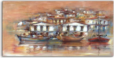 Produktbild von Coloray Spritzschutz aus Glas 140x70  Wandkunst Küchenrückwand Boote auf der Insel Harbor Malerei