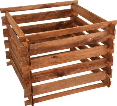 A wooden compost bin is shown against a white background.