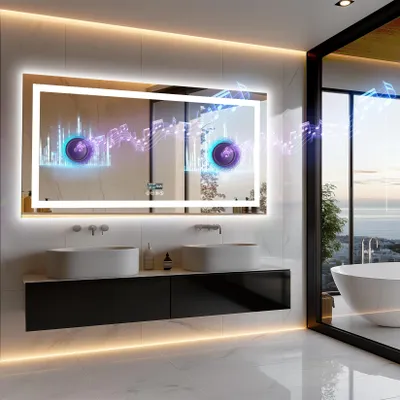 Image de Vrygle miroir de salle de bain LED 160×80 cm avec éclairage, Bluetooth, horloge, température et date, anti-buée, dimmable, fonction mémoire