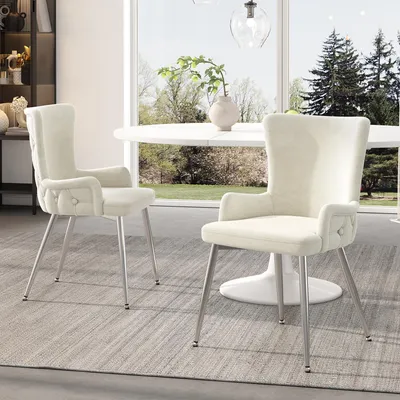 Image de Chaise de salle à manger en velours Sweiko, lot de 2, luxueuse chaise longue de salon/chambre à coucher avec quatre pieds de support en métal de couleur argentée, beige