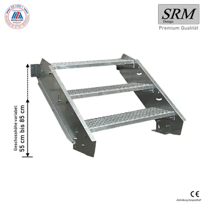 A metal staircase with three steps, shown from a side angle against a white background. It includes measurement indicators and branding.