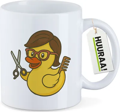 Produktbild von Huuraa Kaffeetasse Quietscheente Friseurin Comic Gummiente 330ml Weiß Keramik Kaffeebecher Geschenkidee