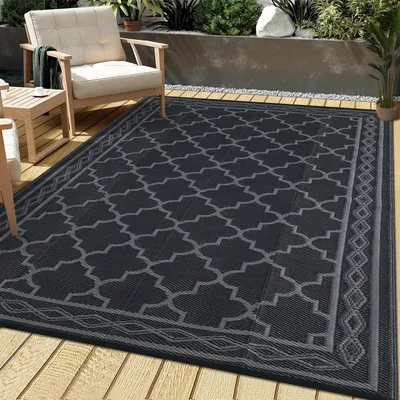Immagine prodotto di Tappeto da esterno impermeabile in plastica effetto paglia, 150 x 240 cm, nero/grigio