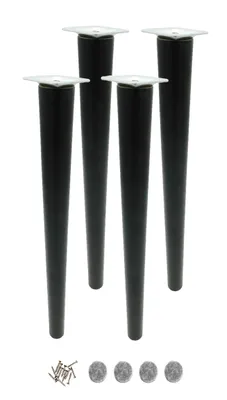Four black furniture legs with silver mounting plates and a set of screws and felt pads.