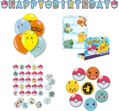 Produktbild von Pokemon Pikachu Geburtstag Deko Set 24tlg.Memory Spiel Buttons Banner
