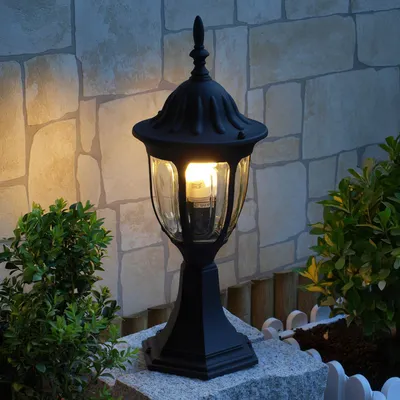 Produktbild von Wegeleuchte Hof Garten IP43 Schwarz E27 43 cm Glas Aluminium Rustikal Stehleuchte außen