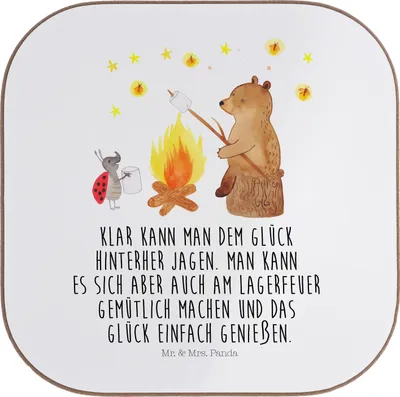 Produktbild von Mr. & Mrs. Panda Untersetzer für Gläser Bär & Marienkäfer Lagerfeuer - Weiß - Geschenk, Tassenuntersetzer, Coaster, Teddy, Glas, Tischuntersetzer, gläseruntersetzer
