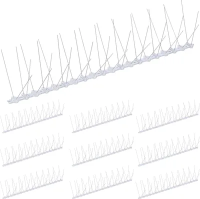 Image de Pics anti-oiseaux Relaxdays, lot de 10, dimensions : 10,5 x 50 x 14 cm, protection contre les pigeons pour balcons et toits, 4 rangées, acier inoxydable, argent